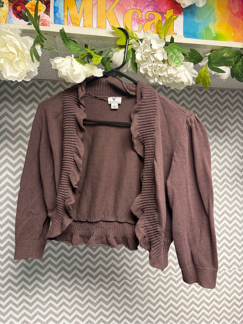 Worthington Mauve Brown Ruffled Open-Front Cropped Cardigan- perfect for dresses